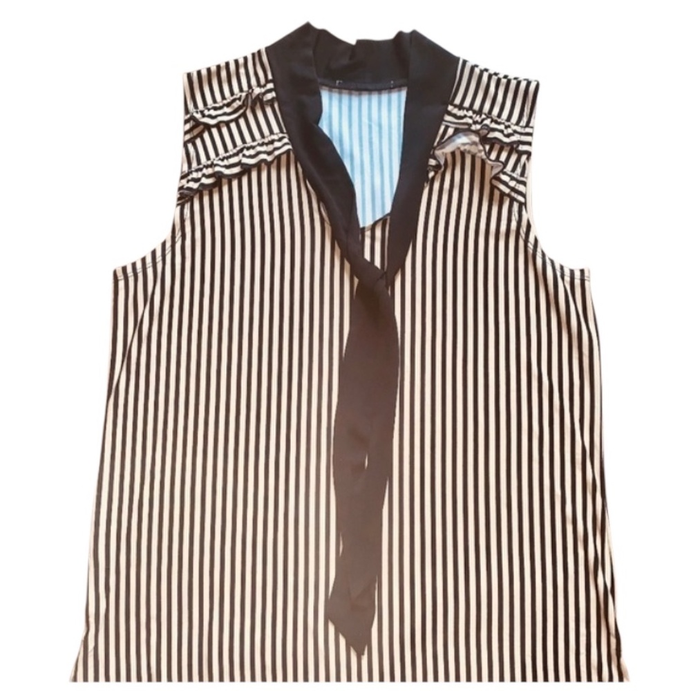 🛑 SOLD ‼️ WOMENS BLACK & NUDE SLEEVELESS BLOUSE w/ RUFFLED COLLAR + TIE